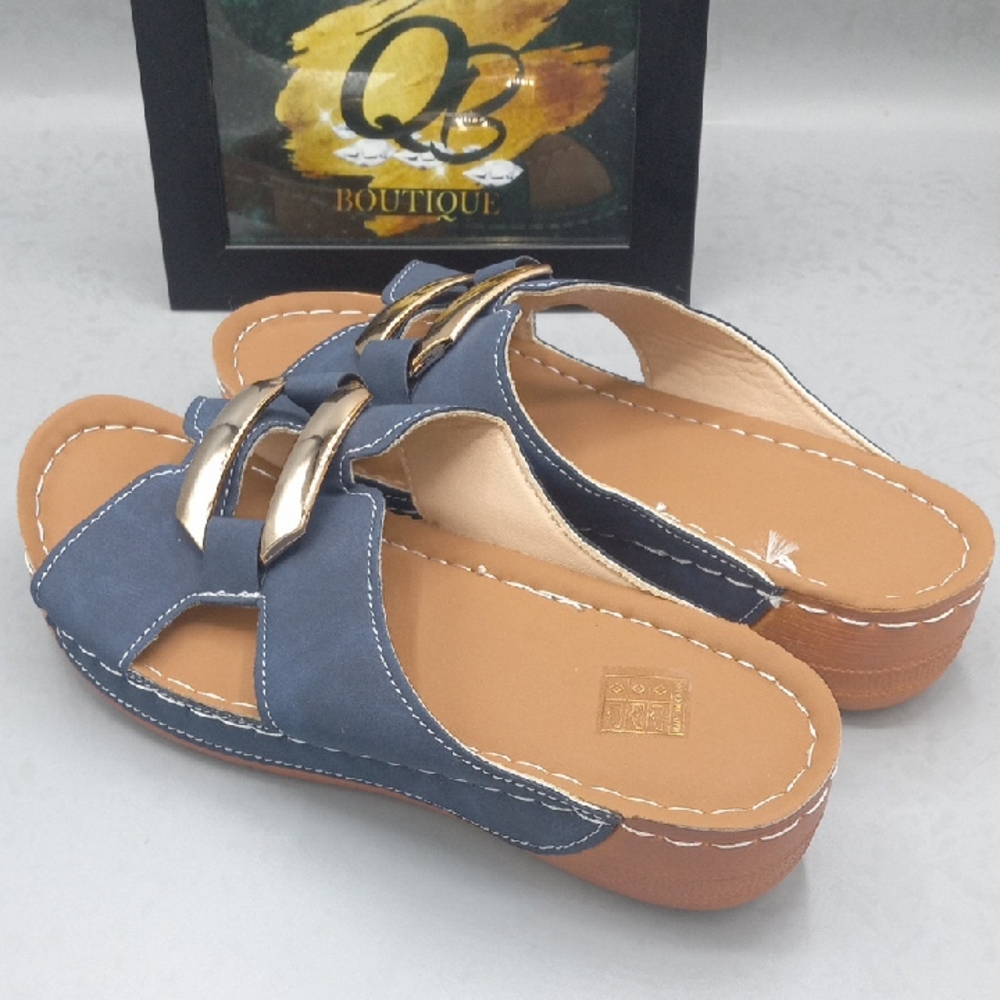 Source Unknown Navy Blue Slide Sandals with Gold Hardware